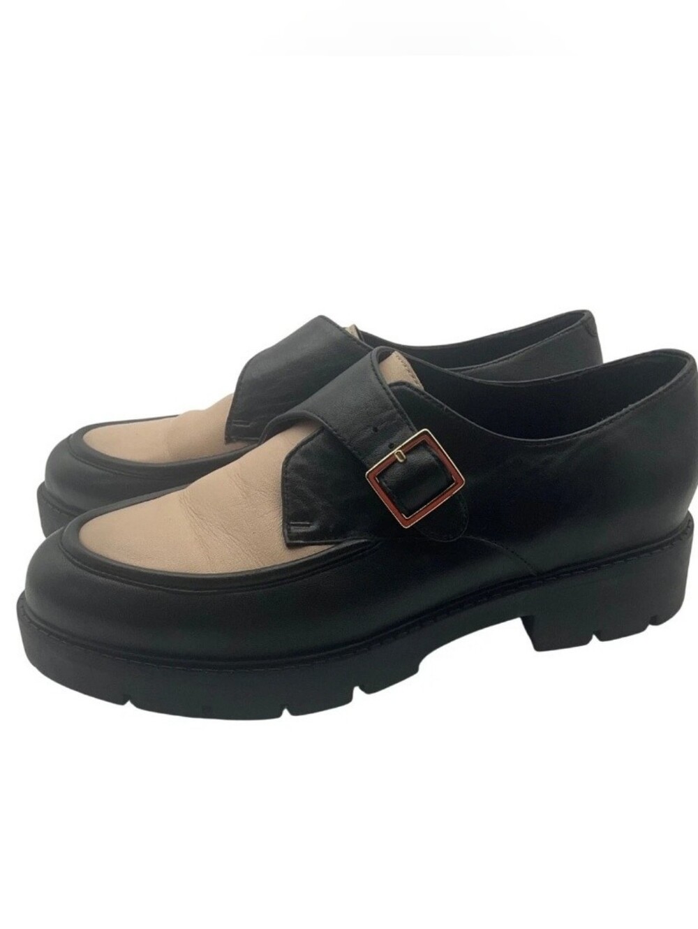 Seychelles Women 7.5 Catch Me Black Cream Buckle Leather Loafers Shoes